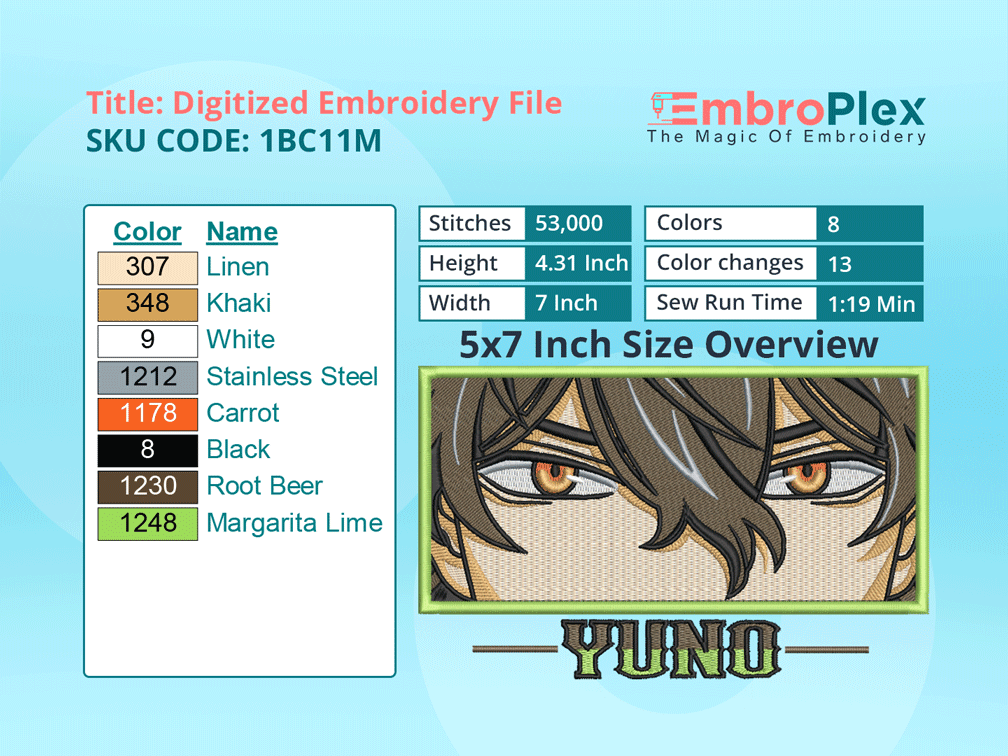 Anime-Inspired Yuno Embroidery Design File - 5x7 Inch hoop Size Variation overview image