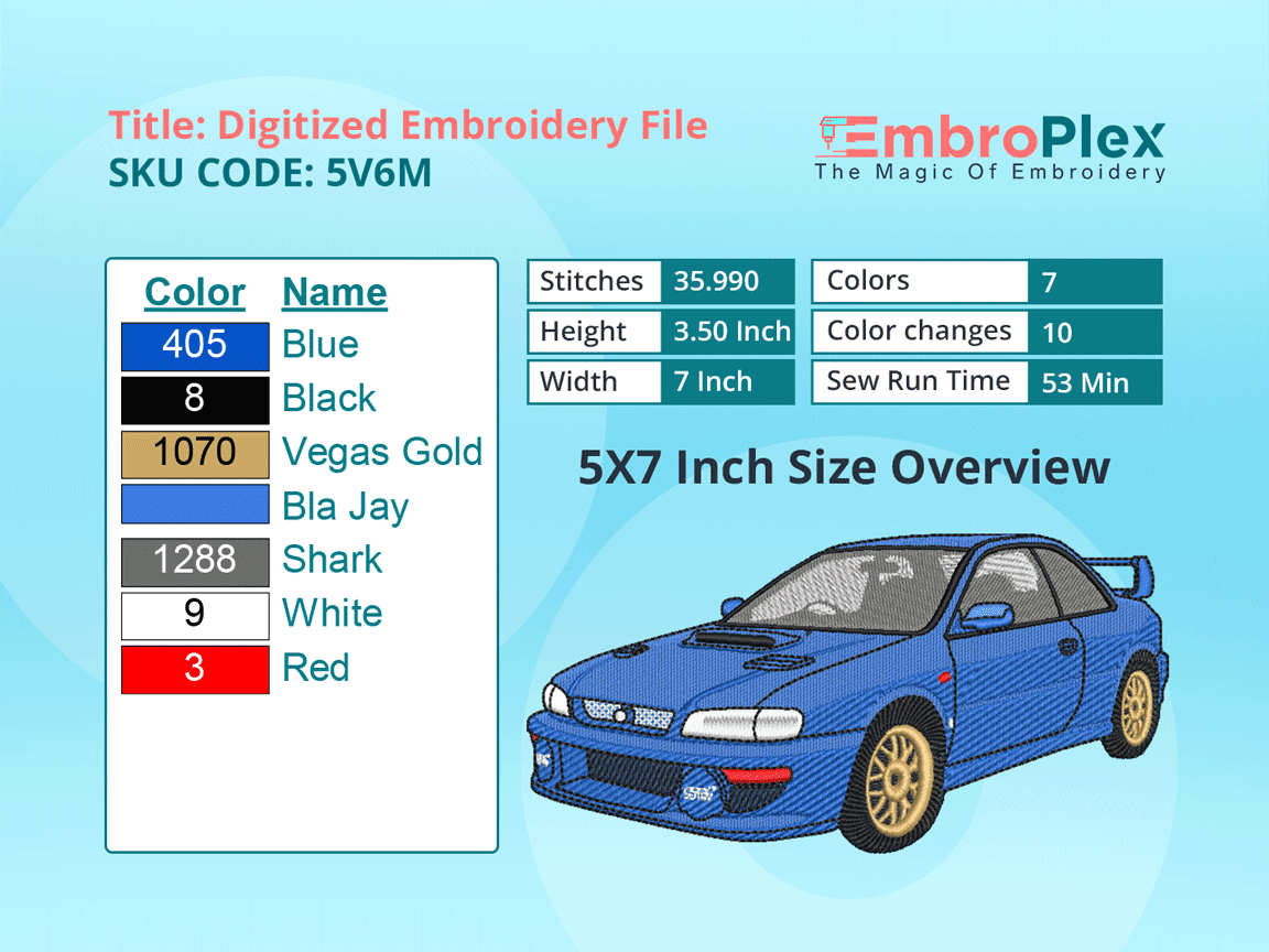  Car-Inspired  Subaru Legacy Embroidery Design File - 5x7 Inch hoop Size Variation overview image