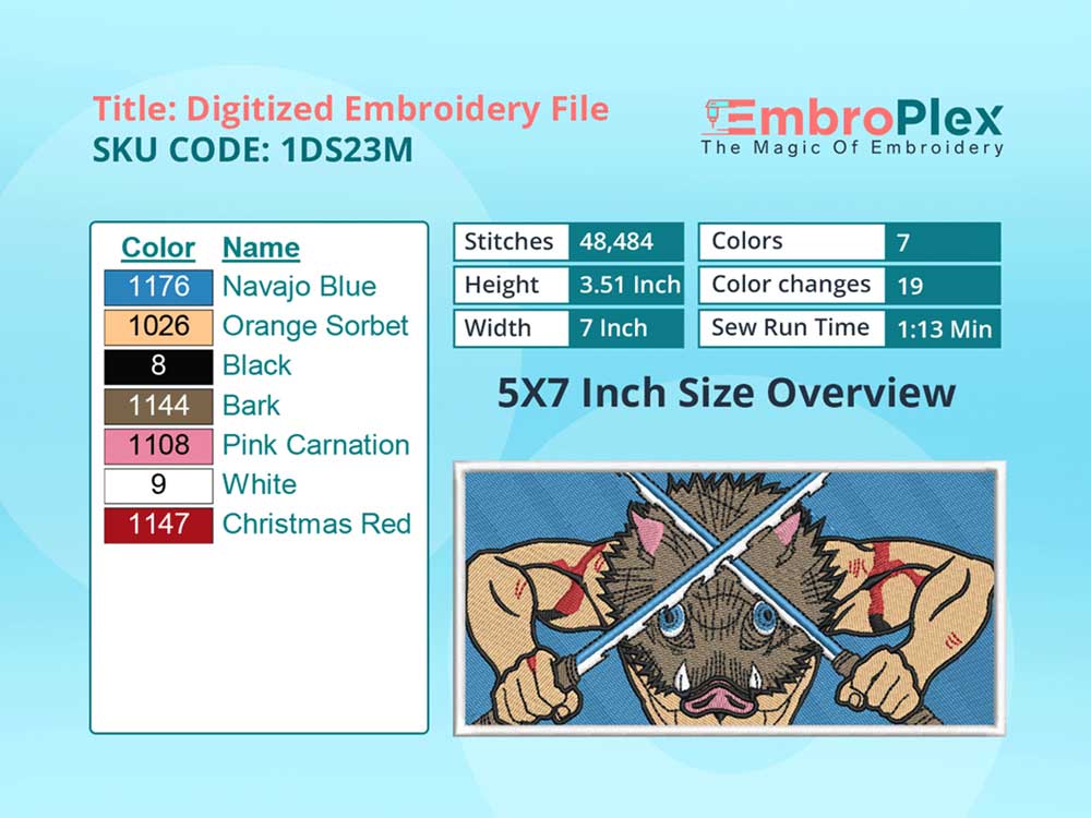 Anime-Inspired Inosuke Hashibira Embroidery Design File - 5x7 Inch hoop Size Variation overview image