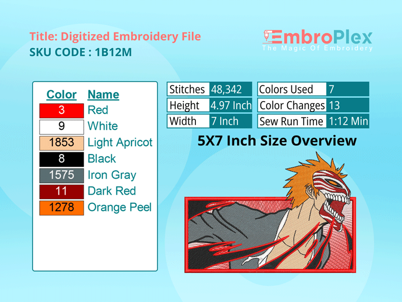 Anime-Inspired Ichigo-Kurosaki Embroidery Design File - 5x7 Inch hoop Size Variation overview image