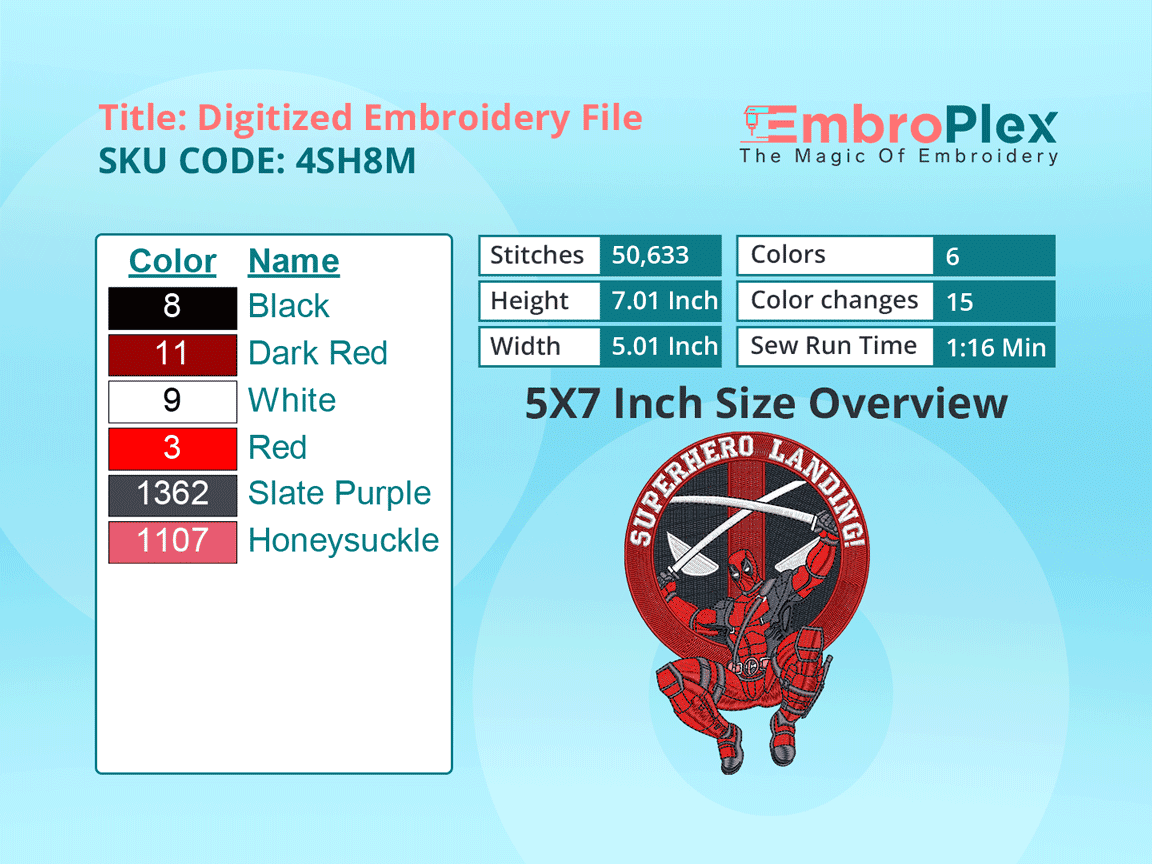 Super Hero-Inspired  DeadPool Embroidery Design File - 5x7 Inch hoop Size Variation overview image