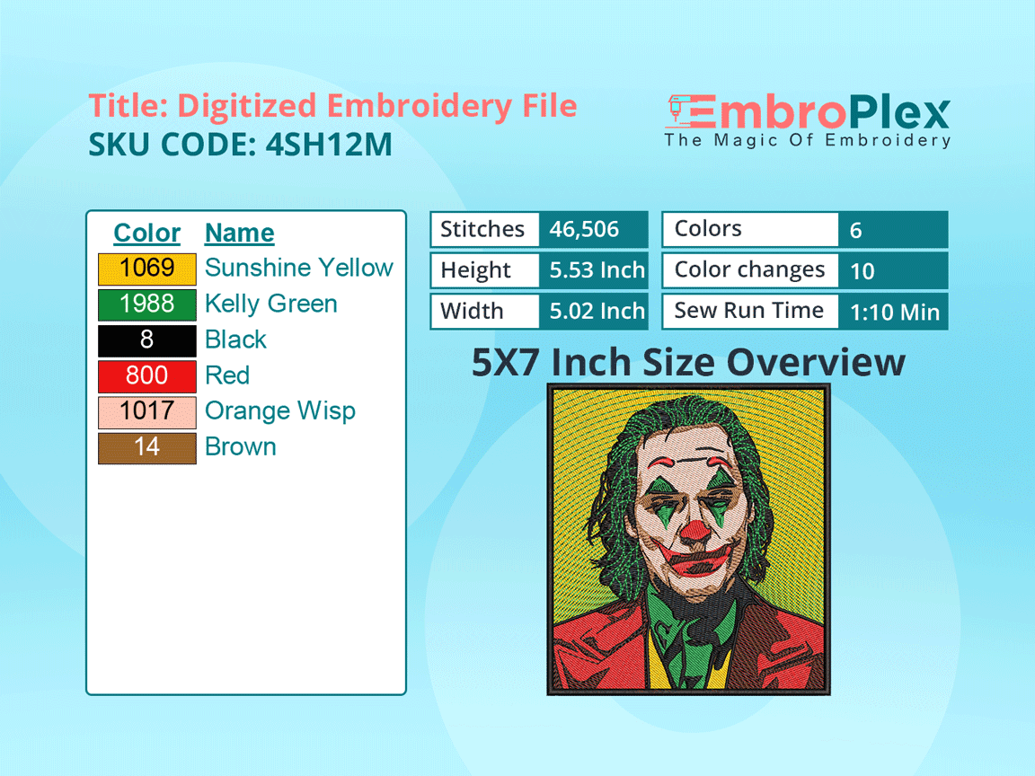  Super Hero-Inspired    Joker Embroidery Design File - 5x7 Inch hoop Size Variation overview image
