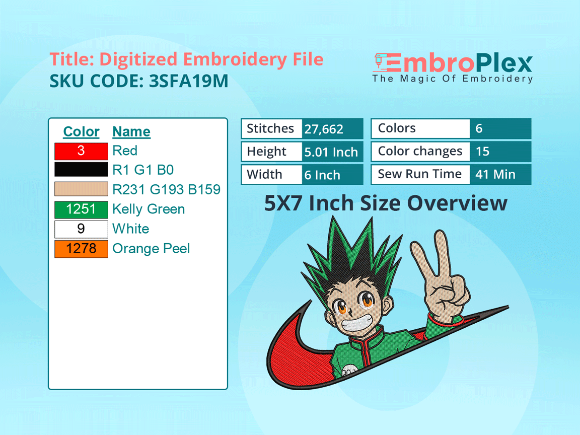 Gon Embroidery Design File - 5x7 Inch hoop Size Variation overview image