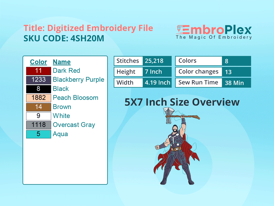 Super Hero-Inspired  Thor Embroidery Design File - 5x7 Inch hoop Size Variation overview image
