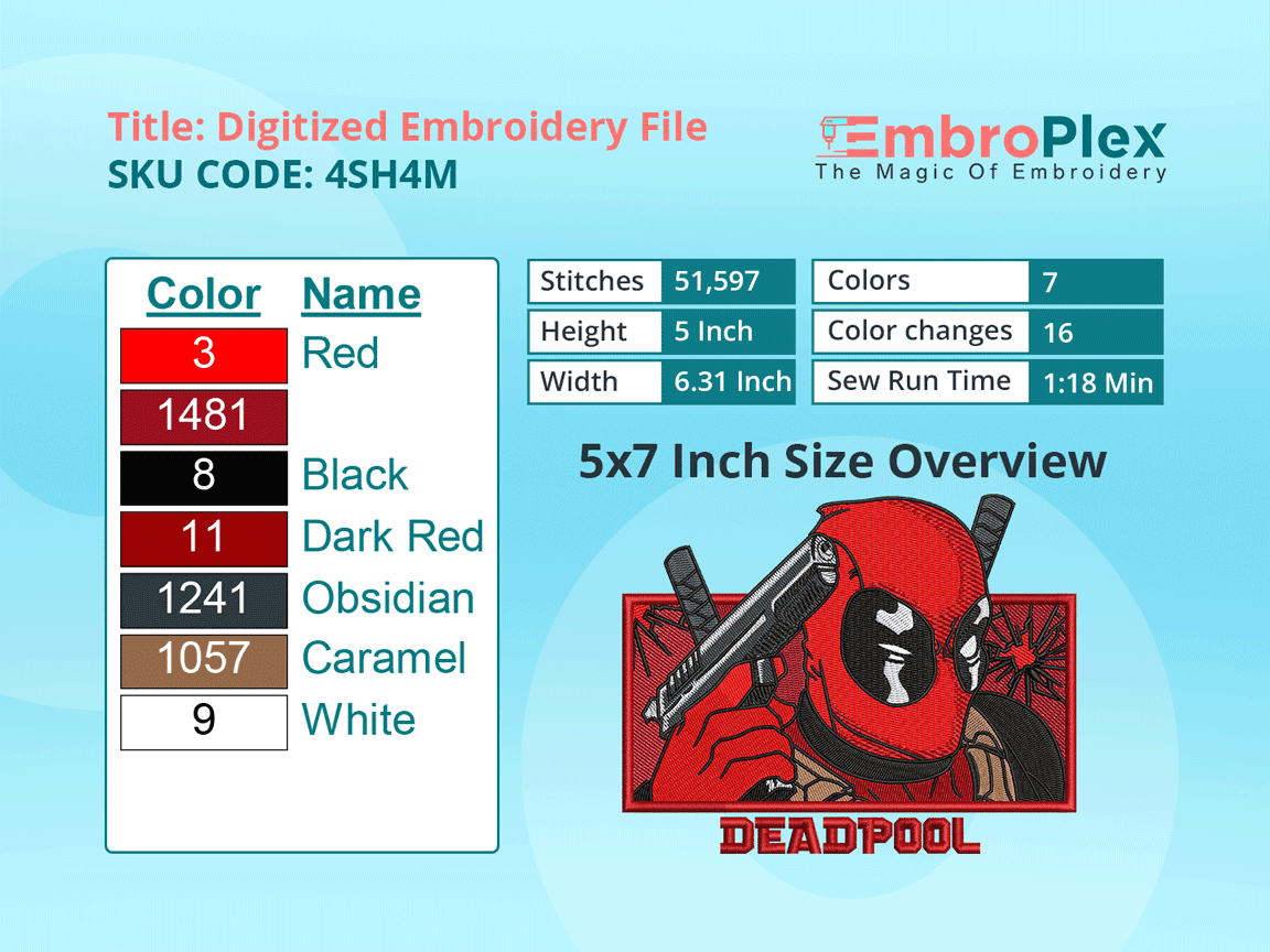 Super Hero-Inspired  Deadpool Embroidery Design File - 5x7 Inch hoop Size Variation overview image