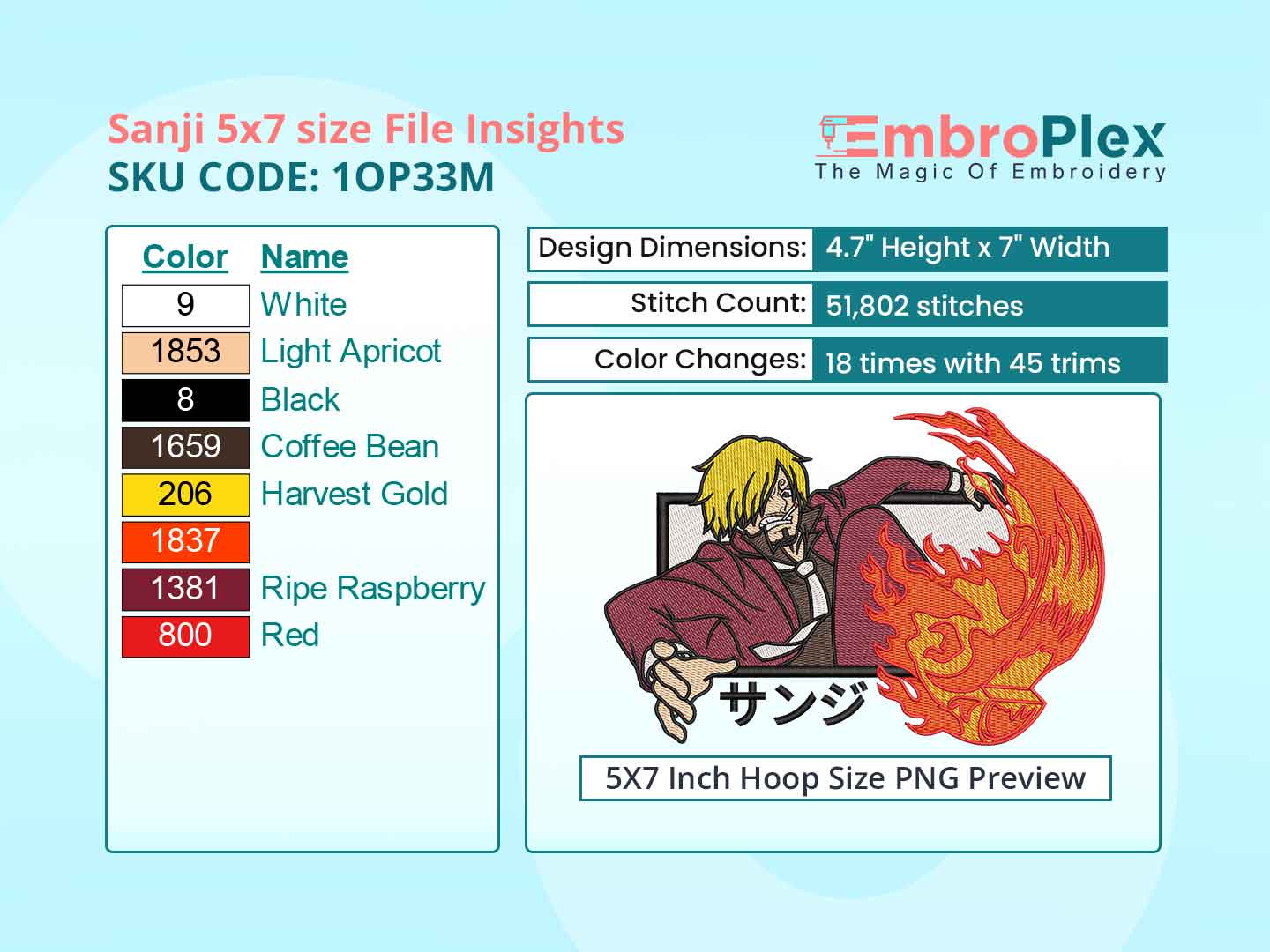 Anime-Inspired Sanji Embroidery Design File - 5x7 Inch hoop Size Variation overview image