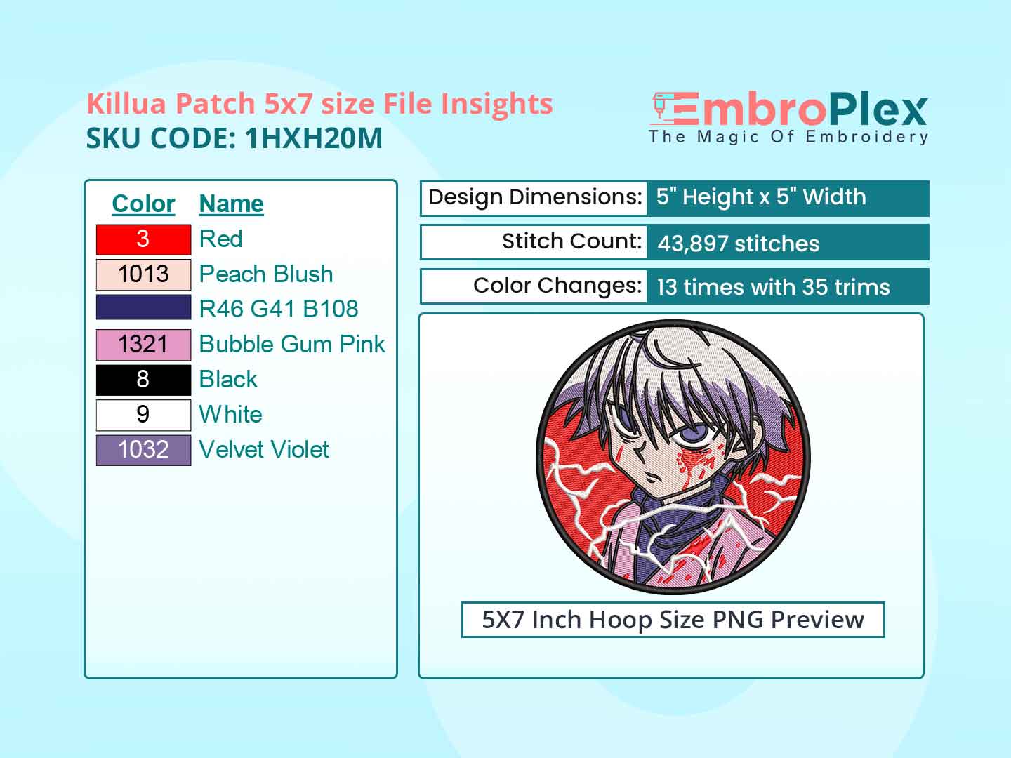 Anime-Inspired Killua Patch Embroidery Design File - 5x7 Inch hoop Size Variation overview image