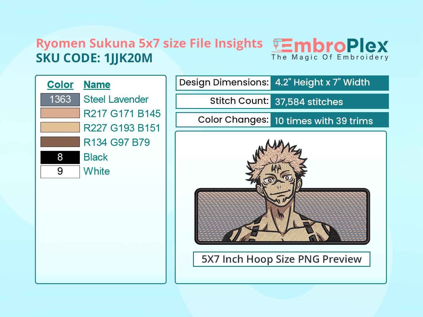 Anime-Inspired Ryomen Sukuna Embroidery Design File - 5x7 Inch hoop Size Variation overview image