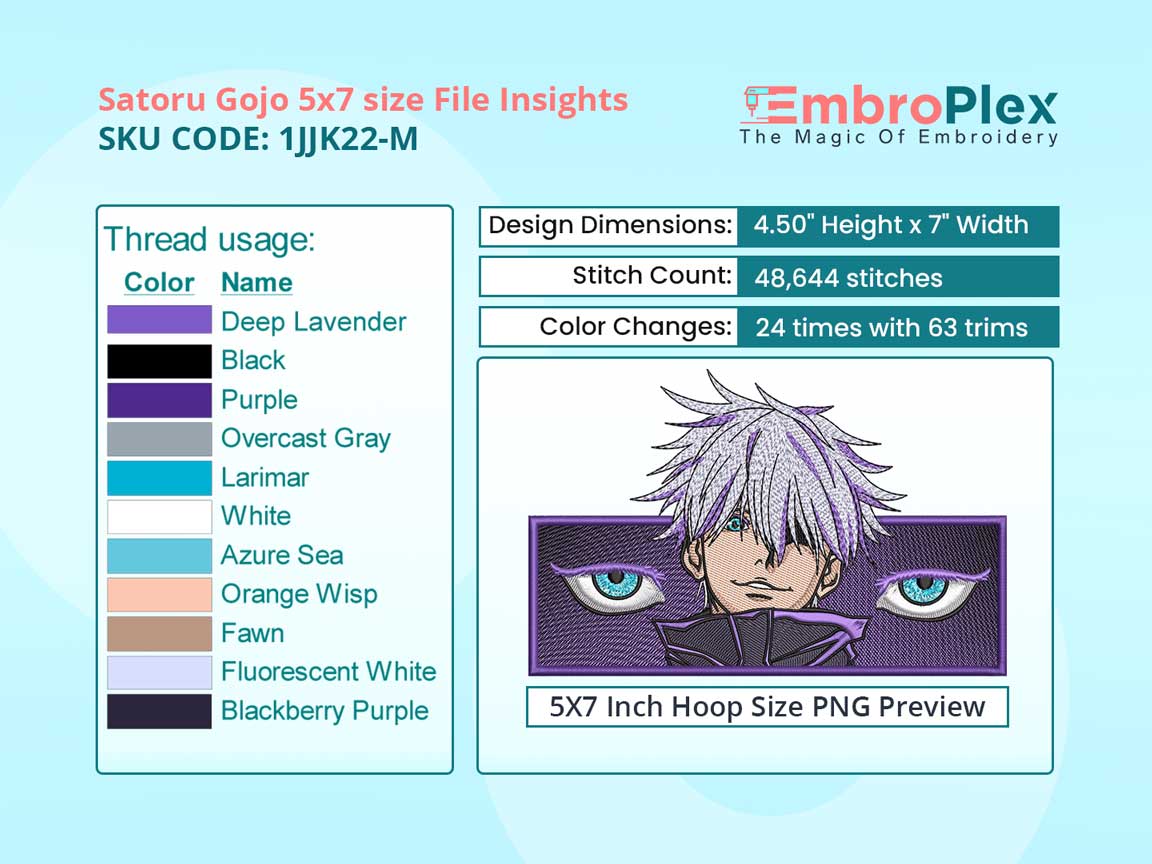 Anime-Inspired Satoru Gojo Embroidery Design File - 5x7 Inch hoop Size Variation overview image