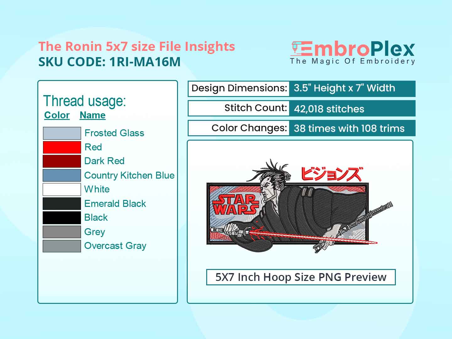 Anime-Inspired The Ronin Embroidery Design File - 5x7 Inch hoop Size Variation overview image