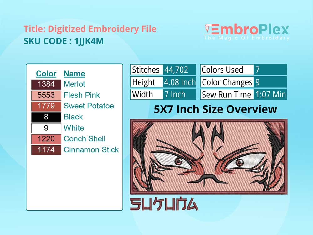 Anime-Inspired Sukuna Embroidery Design File - 5x7 Inch hoop Size Variation overview image