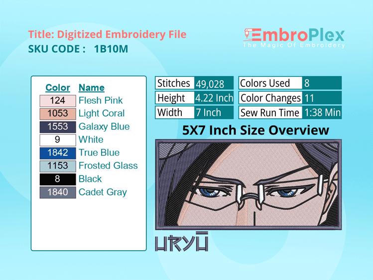 Anime-Inspired Uryu Ishida Embroidery Design File - 5x7 Inch hoop Size Variation overview image