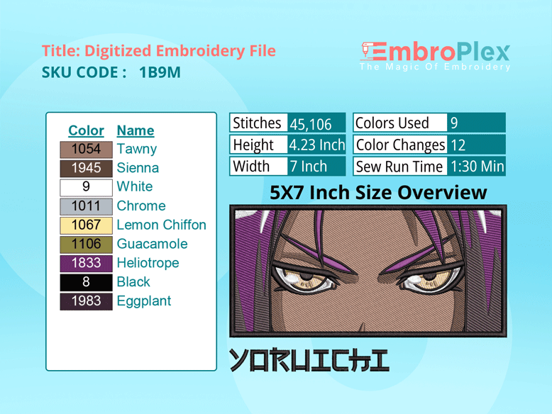 Anime-Inspired Yoruichi Shihouin Embroidery Design File - 5x7 Inch hoop Size Variation overview image
