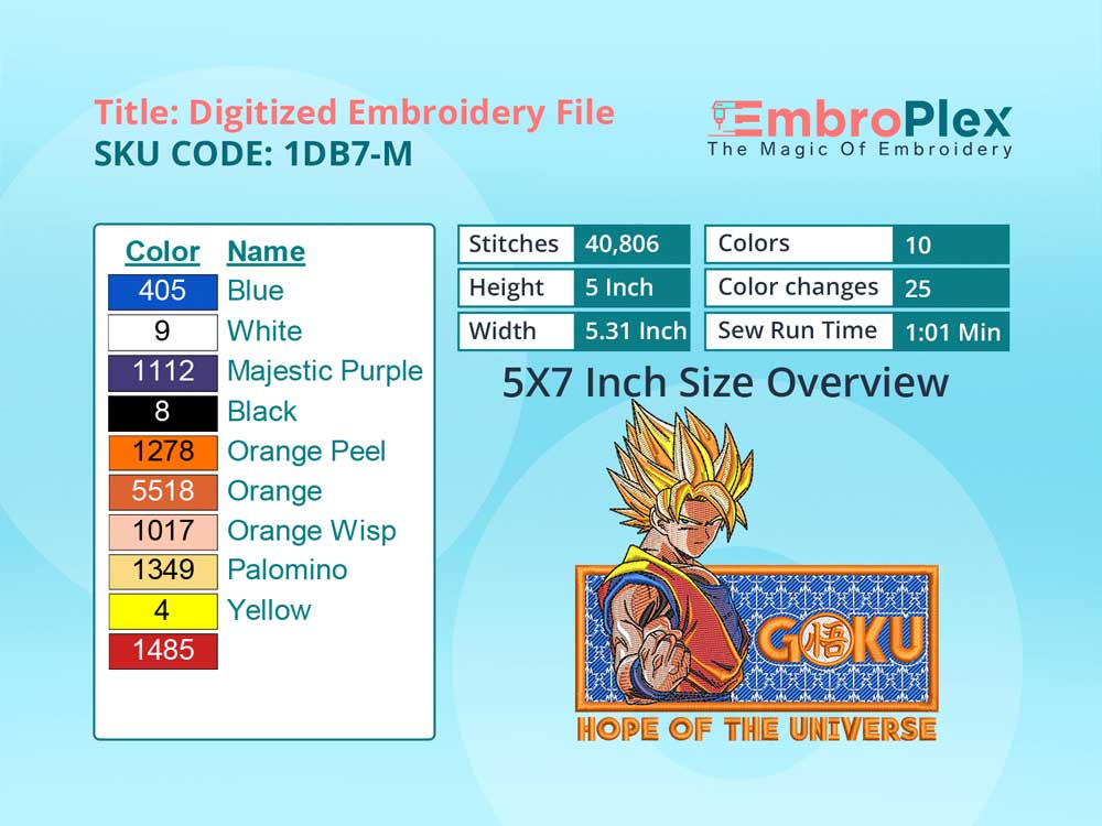 Anime-Inspired Goku Embroidery Design File - 5x7 Inch hoop Size Variation overview image