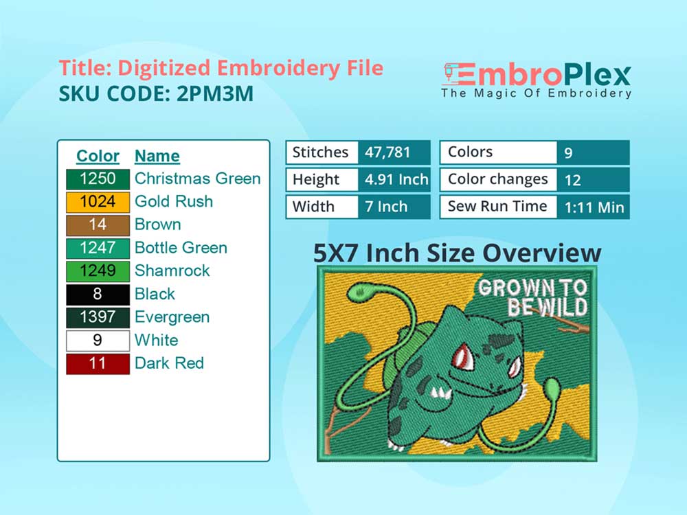 Cartoon-Inspired Bulbasaur Embroidery Design File - 5x7 Inch hoop Size Variation overview image
