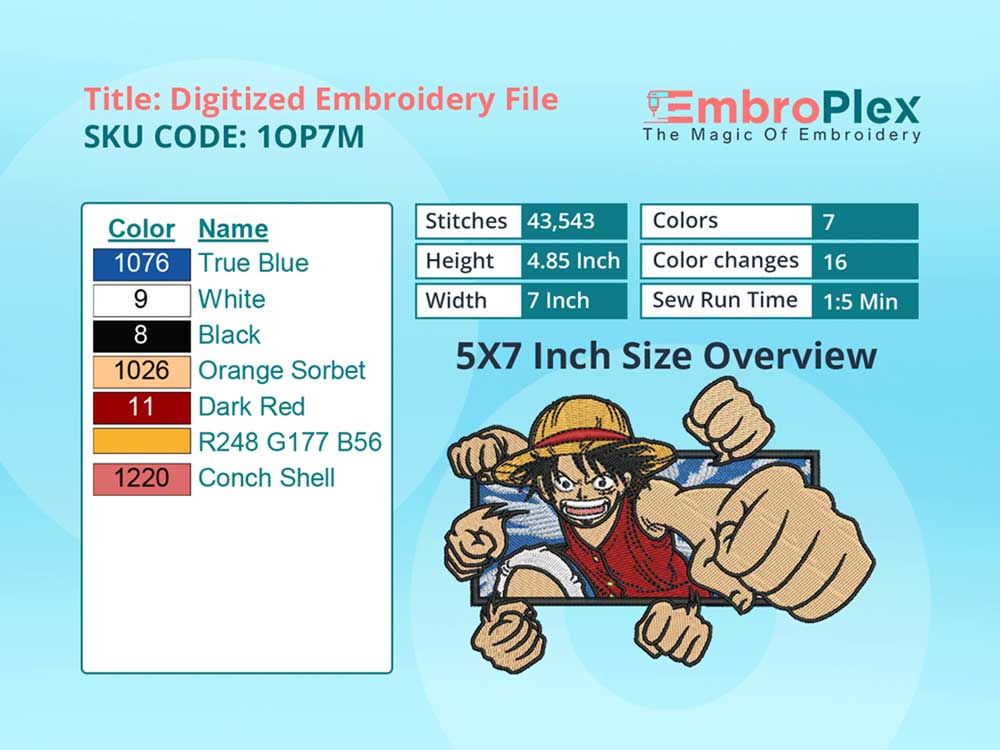 Anime-Inspired Luffy Punch Embroidery Design File - 5x7 Inch hoop Size Variation overview imageAnime-Inspired Luffy Punch Embroidery Design File - 5x7 Inch hoop Size Variation overview image