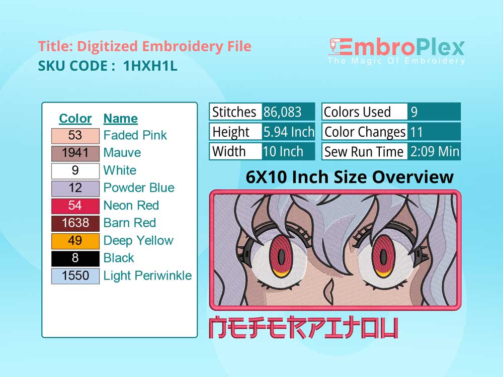 Anime-Inspired Neferpitou Embroidery Design File - 6x10 Inch hoop Size Variation overview image