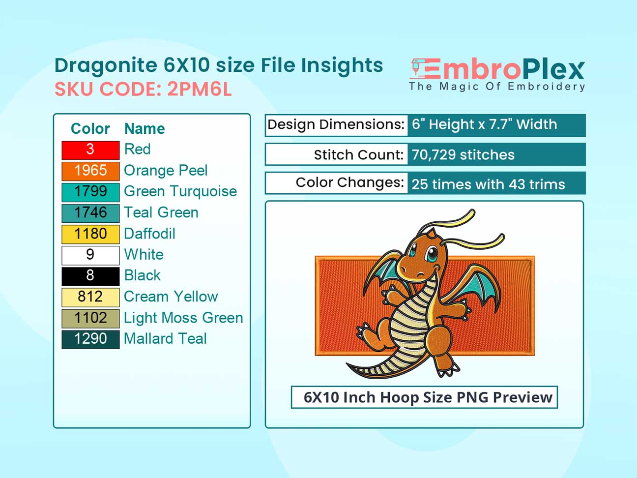 Anime-Inspired Dragonite Embroidery Design File - 6x10 Inch hoop Size Variation overview image