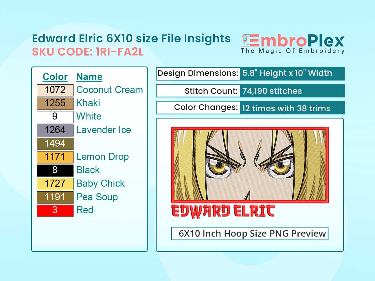 Anime-Inspired Edward Elric Embroidery Design File - 6x10 Inch hoop Size Variation overview image