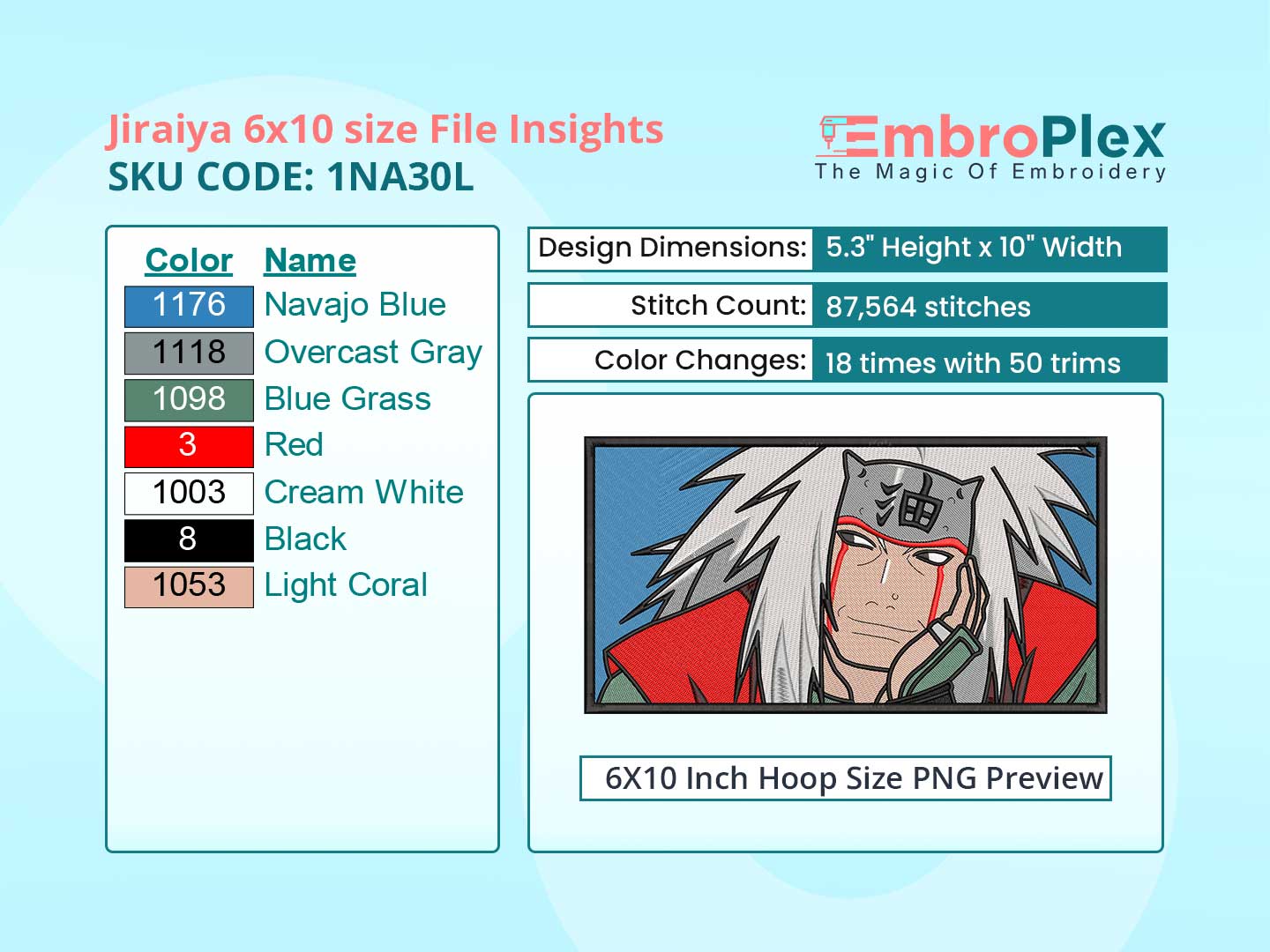 Anime-Inspired Jiraiya Embroidery Design File - 6x10 Inch hoop Size Variation overview image
