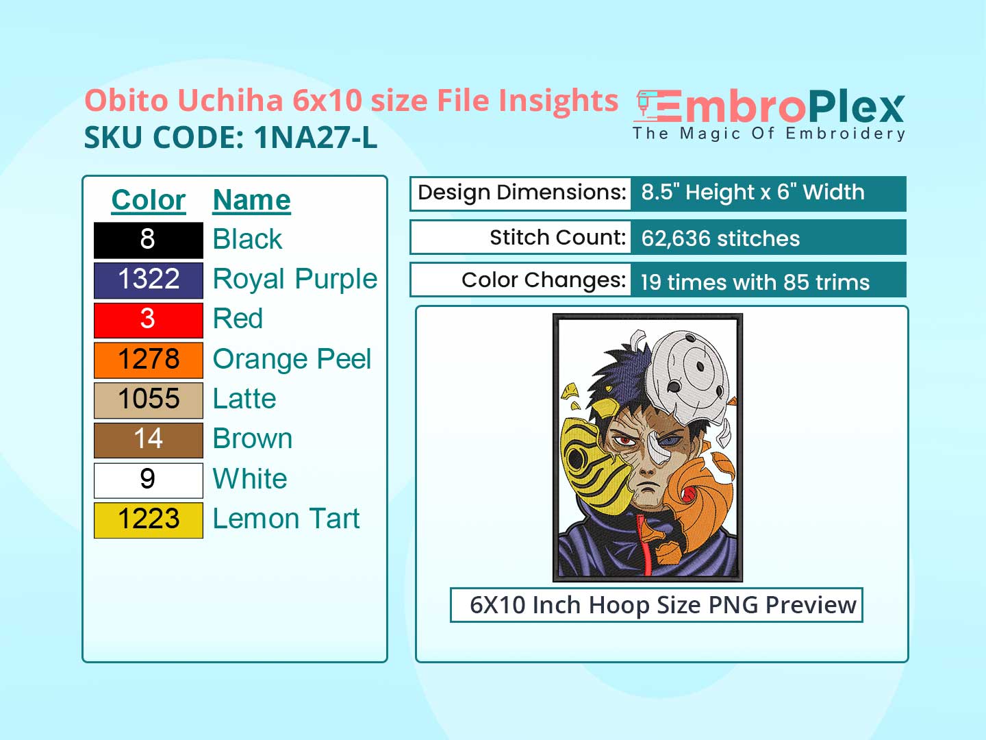 Anime-Inspired Obito Uchiha Embroidery Design File - 6x10 Inch hoop Size Variation overview image