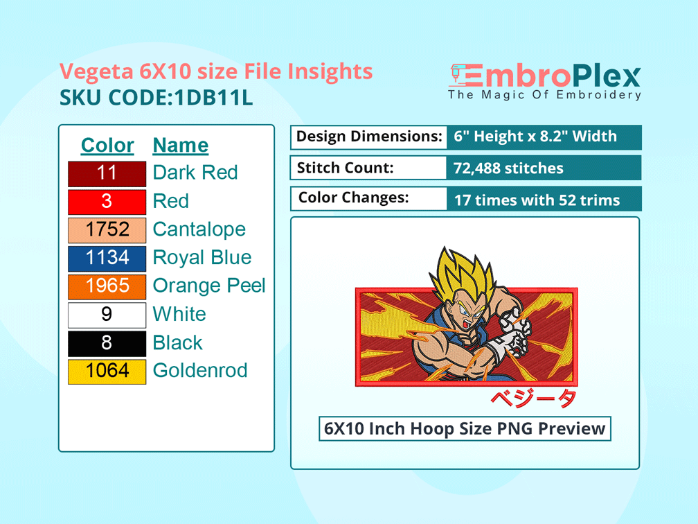 Anime-Inspired Vegeta Embroidery Design File - 6x10 Inch hoop Size Variation overview image