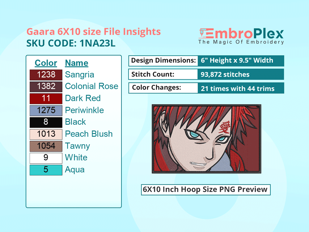Anime-Inspired Gaara Embroidery Design File - 6x10 Inch hoop Size Variation overview image