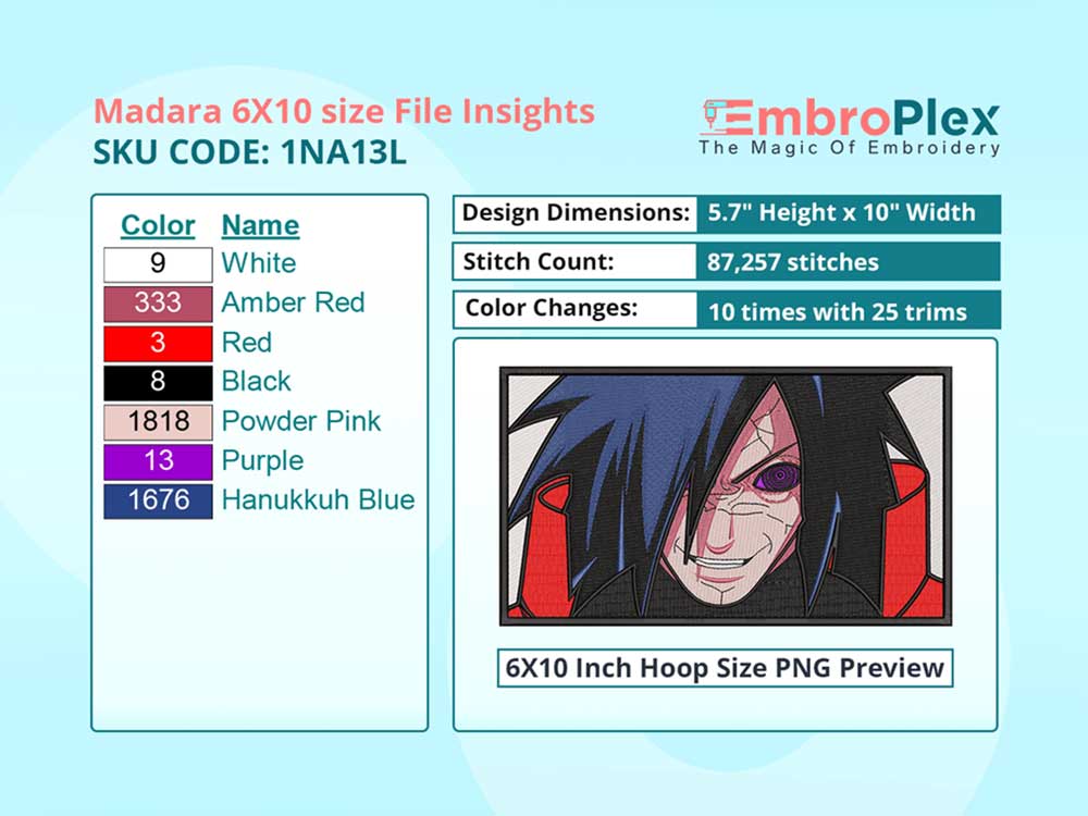 Anime-Inspired Madara Uchiha Embroidery Design File - 6x10 Inch hoop Size Variation overview image