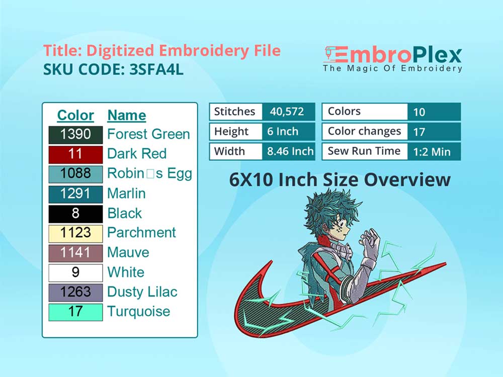 Deku Embroidery Design File - 6x10 Inch hoop Size Variation overview image