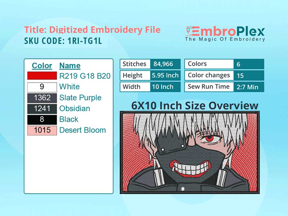 Anime-Inspired Ken kaneki Embroidery Design File - 6x10 Inch hoop Size Variation overview image