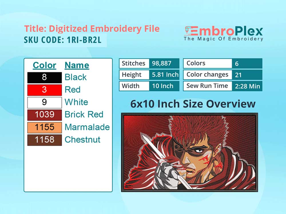 Anime-Inspired Berserk Embroidery Design File - 6x10 Inch hoop Size Variation overview image