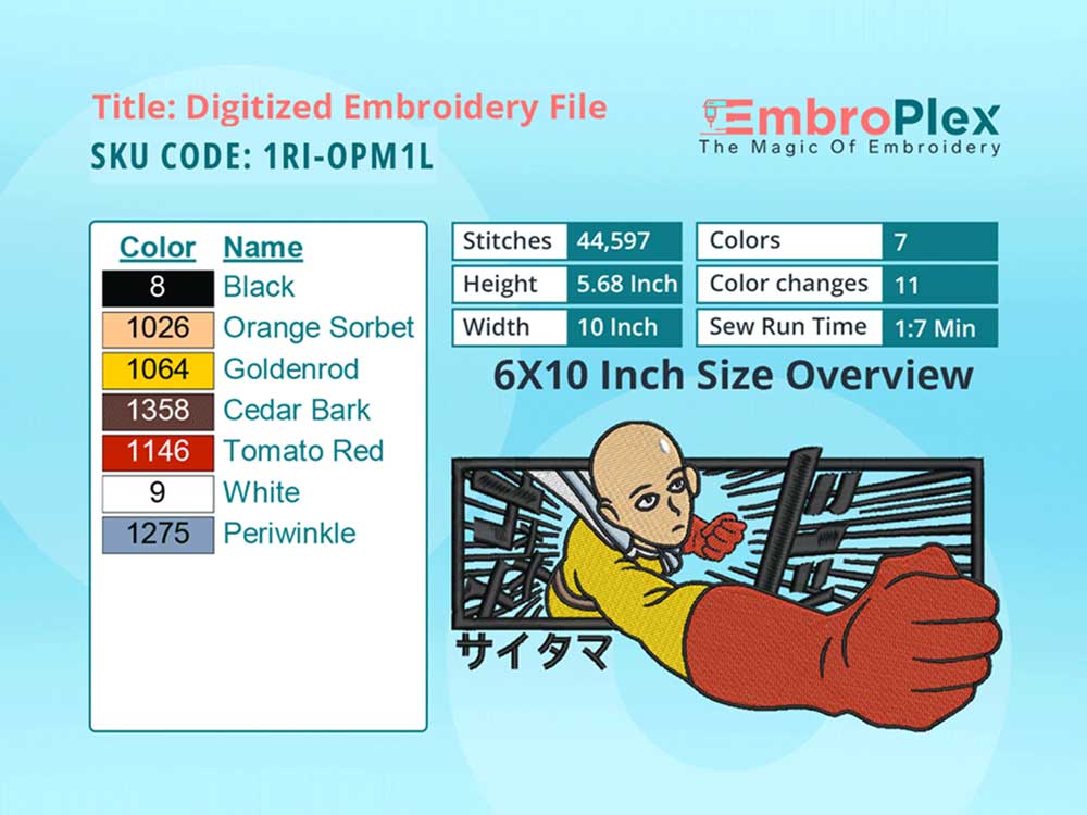 Anime-Inspired One Punch Man  Embroidery Design File - 6x10 Inch hoop Size Variation overview image