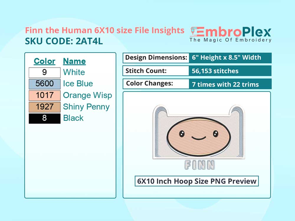 Cartoon-Inspired Finn the Human Embroidery Design File - 6x10 Inch hoop Size Variation overview image