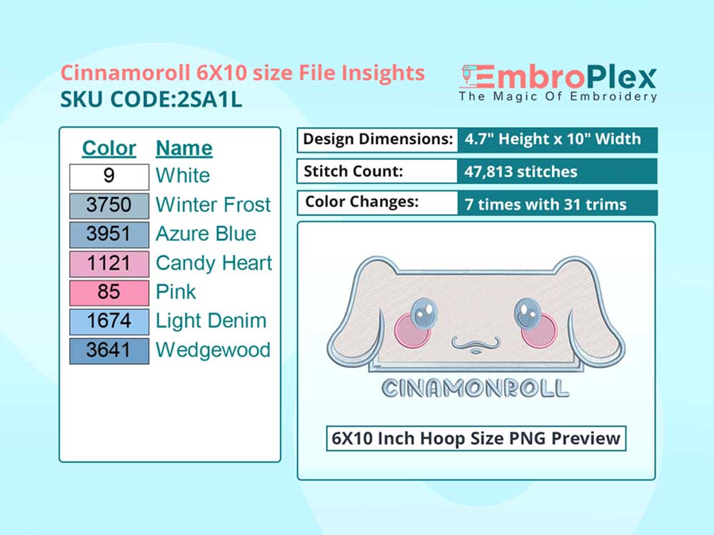 Cartoon-Inspired Cinnamoroll Embroidery Design File - 6x10 Inch hoop Size Variation overview image
