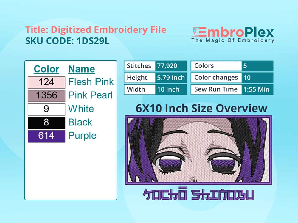 Anime-Inspired  Shinobu Kocho Embroidery Design File - 6x10 Inch hoop Size Variation overview image