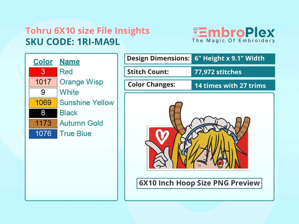  Anime-Inspired Tohru Embroidery Design File - 6x10 Inch hoop Size Variation overview image
