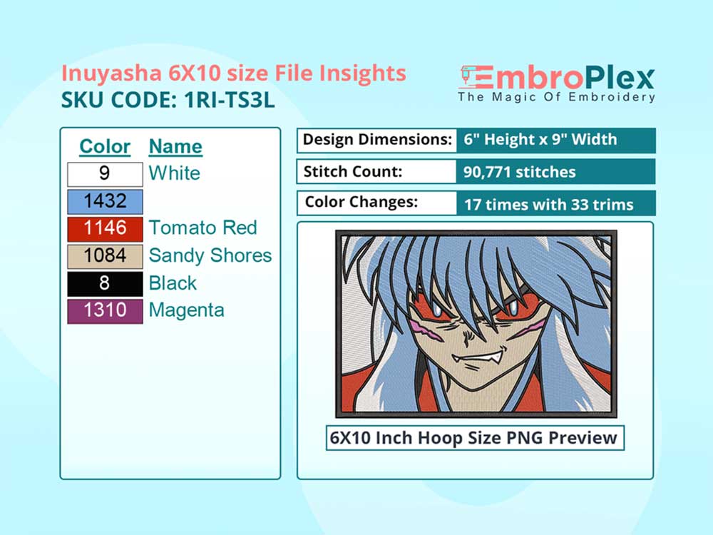 Anime-Inspired Inuyasha Embroidery Design File - 6x10 Inch hoop Size Variation overview image
