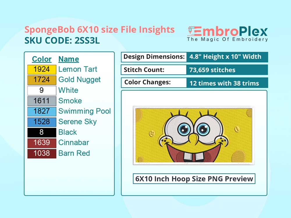 Cartoon-Inspired SpongeBob Embroidery Design File - 6x10 Inch hoop Size Variation overview image