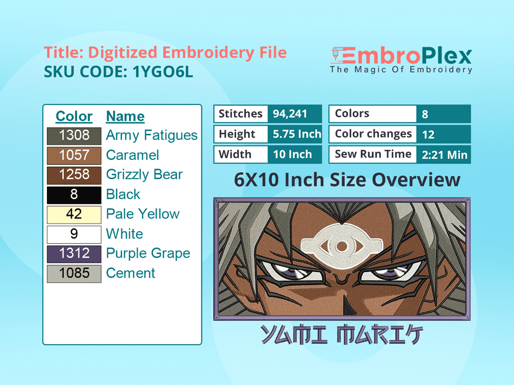Anime-Inspired Yami Marik Embroidery Design File - 6x10 Inch hoop Size Variation overview image