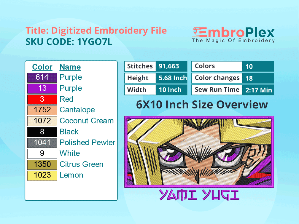 Anime-Inspired Yugi Mutou Embroidery Design File - 6x10 Inch hoop Size Variation overview image