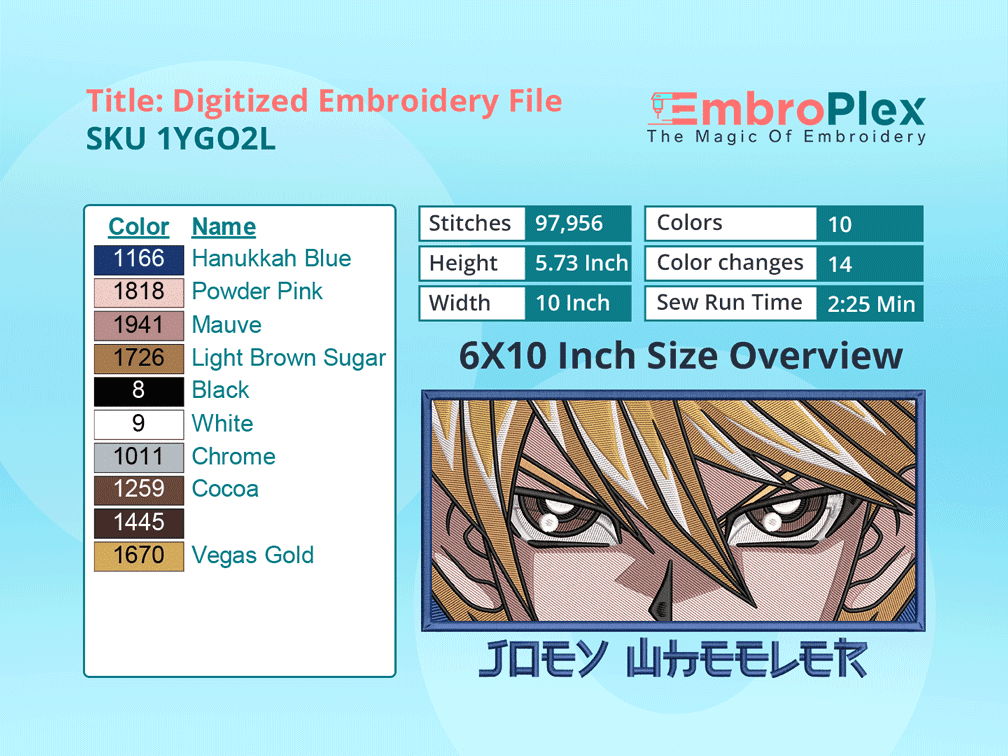 Anime-Inspired Joey Wheeler Embroidery Design File - 6x10 Inch hoop Size Variation overview image