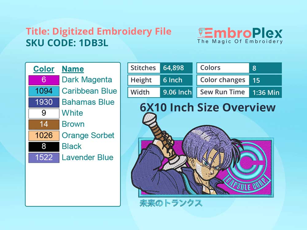 Anime-Inspired Future Trunks Embroidery Design File - 6x10 Inch hoop Size Variation overview image