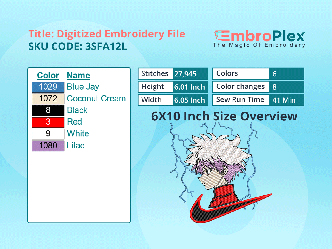 Killua Embroidery Design File - 6x10 Inch hoop Size Variation overview image