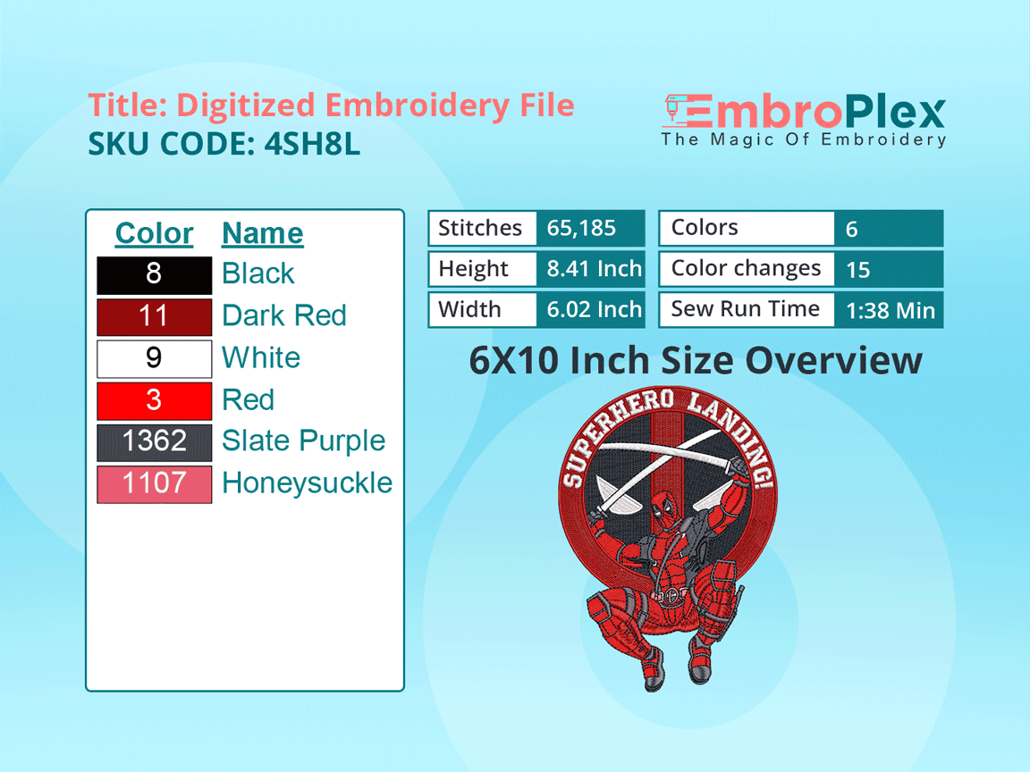 Super Hero-Inspired  DeadPool Embroidery Design File - 6x10 Inch hoop Size Variation overview image