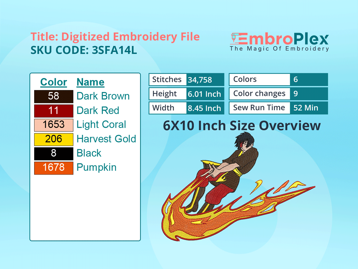  Zuko Embroidery Design File - 6x10 Inch hoop Size Variation overview image