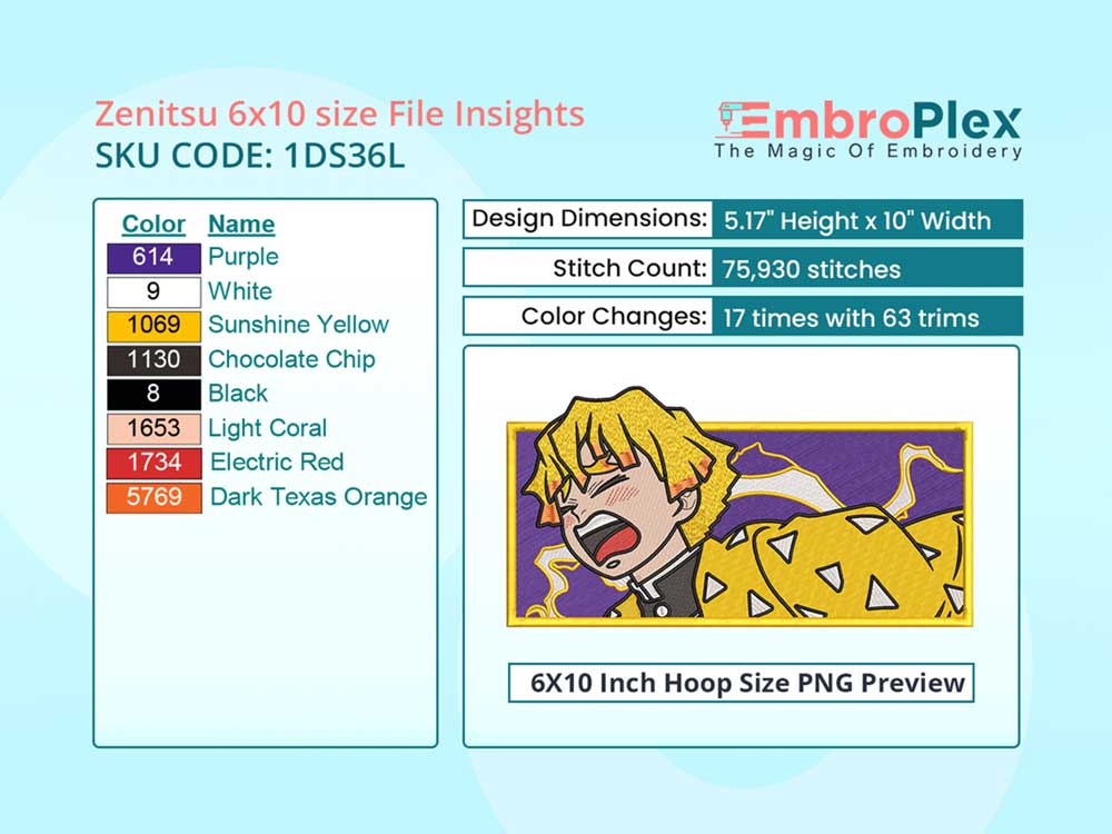 Anime-Inspired Zenitsu Agatsuma Embroidery Design File - 6x10 Inch hoop Size Variation overview image