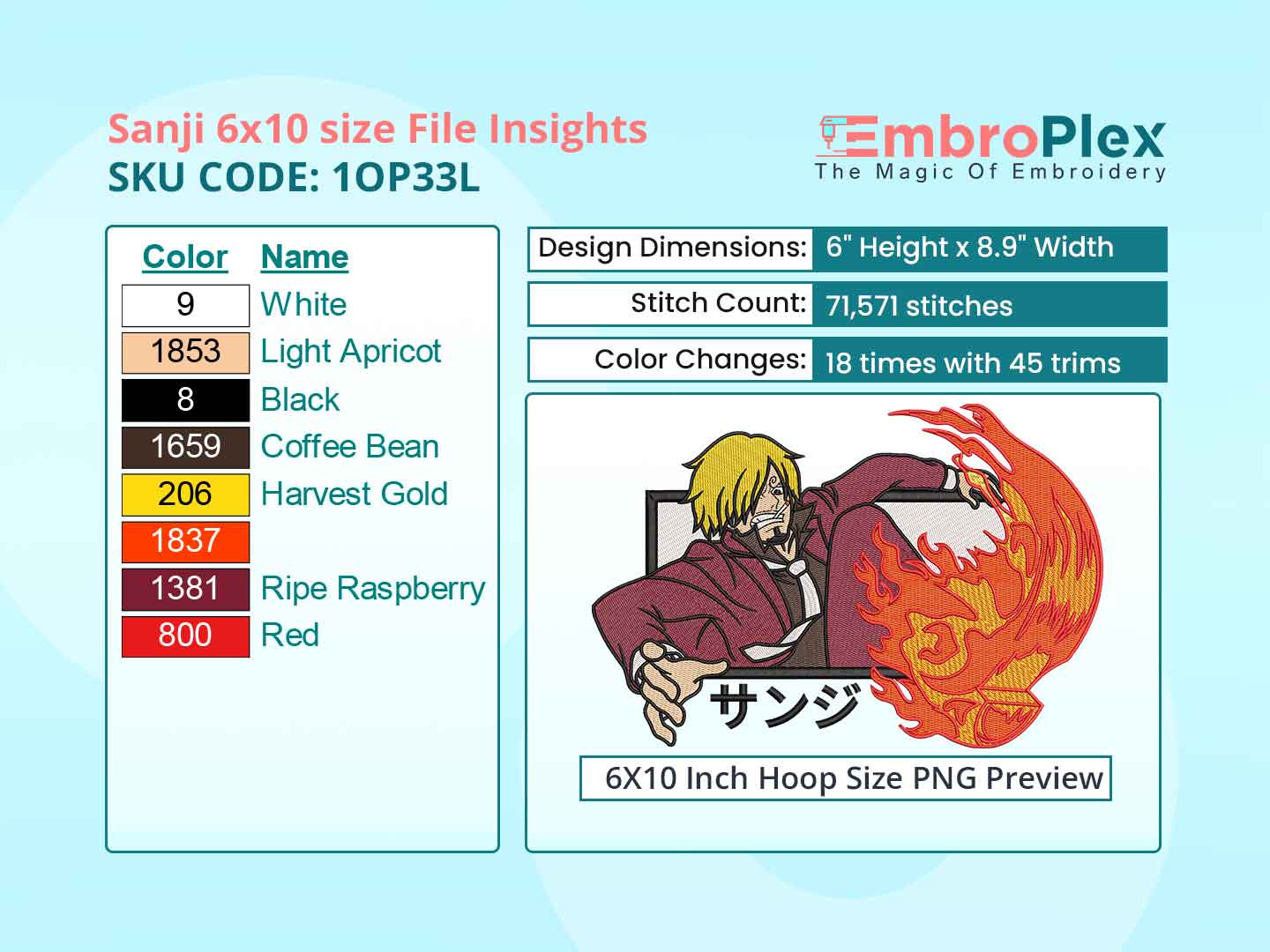 Anime-Inspired Sanji Embroidery Design File - 6x10 Inch hoop Size Variation overview image