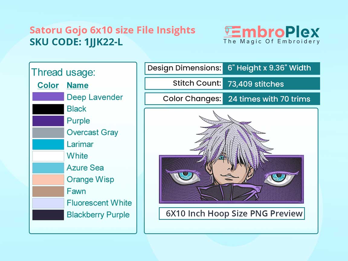 Anime-Inspired Satoru Gojo Embroidery Design File - 6x10 Inch hoop Size Variation overview image