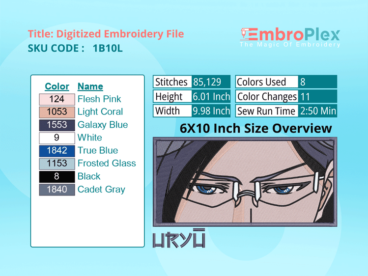 Anime-Inspired Uryu Ishida Embroidery Design File - 6x10 Inch hoop Size Variation overview image