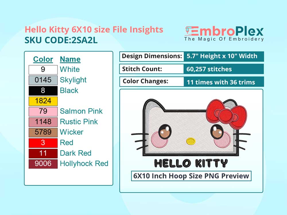 Cartoon-Inspired Hello Kitty Embroidery Design File - 6x10 Inch hoop Size Variation overview image